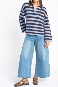 Sweater Polo Medio Cierre Rayado Chocolate