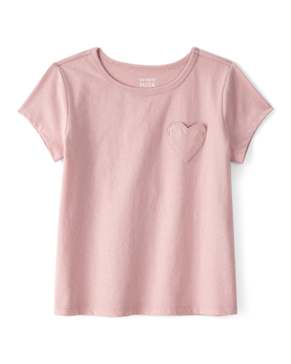 Remera de algodón, manga corta, rosada, bolsillo corazón 