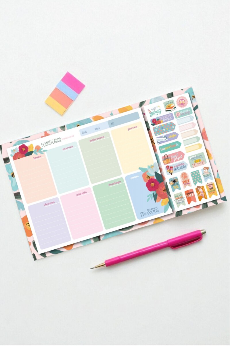 Planificador semanal ibi craft - 52 h. (166x210mm)+12 h. Stickers - Coleccion "Flowers" 