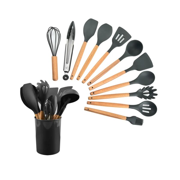Set de 12 Utensillos de Cocina de Silicona Antiadherente con Mango Madera IMBACK Color Negro Set de 12 Utensillos de Cocina de Silicona Antiadherente con Mango Madera IMBACK Color Negro