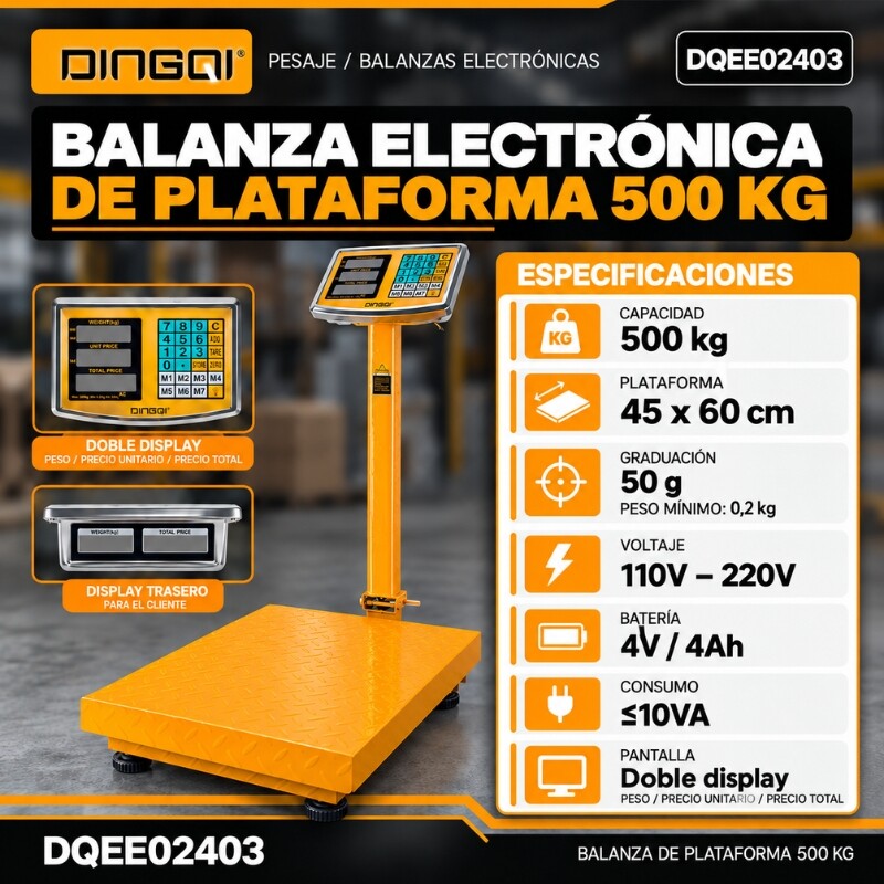 DINGQI BALANZA ELECTRÓNICA DE PLATAFORMA PREMIUM VISOR DOBLE 50 GRS - 500 KILOS Dingqi Balanza Electrónica De Plataforma Premium Visor Doble 50 Grs - 500 Kilos