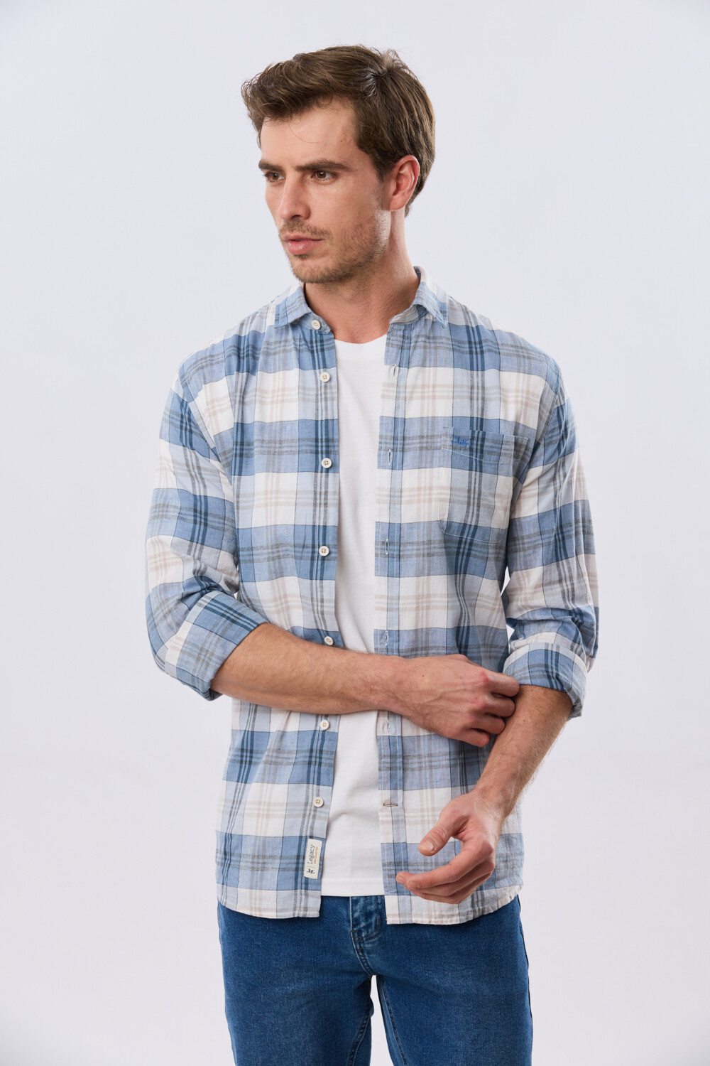 CAMISA CUADROS DE LINO Celeste