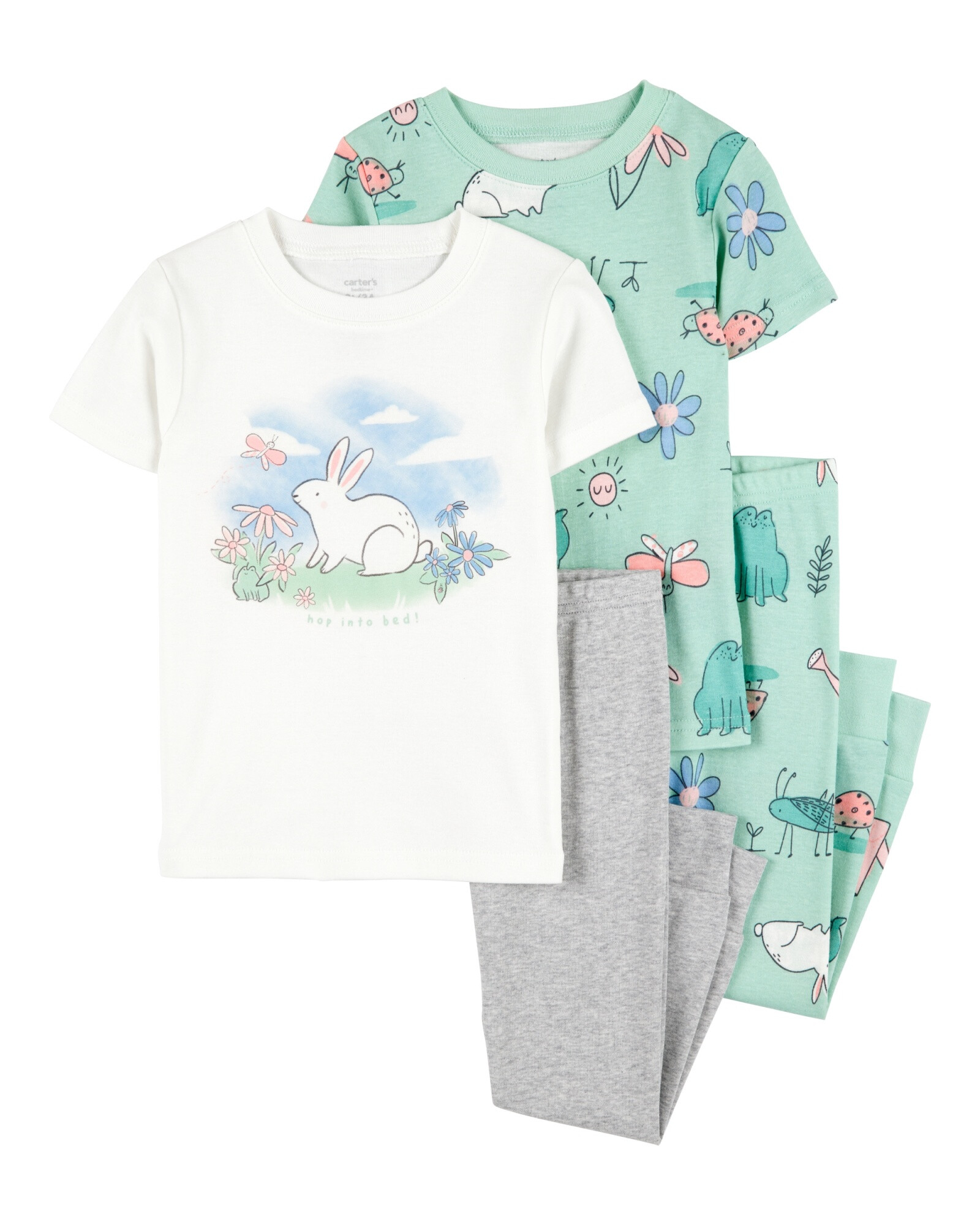 Pijama cuatro piezas de algodón, dos pantalones y dos remeras, diseño conejo Sin color