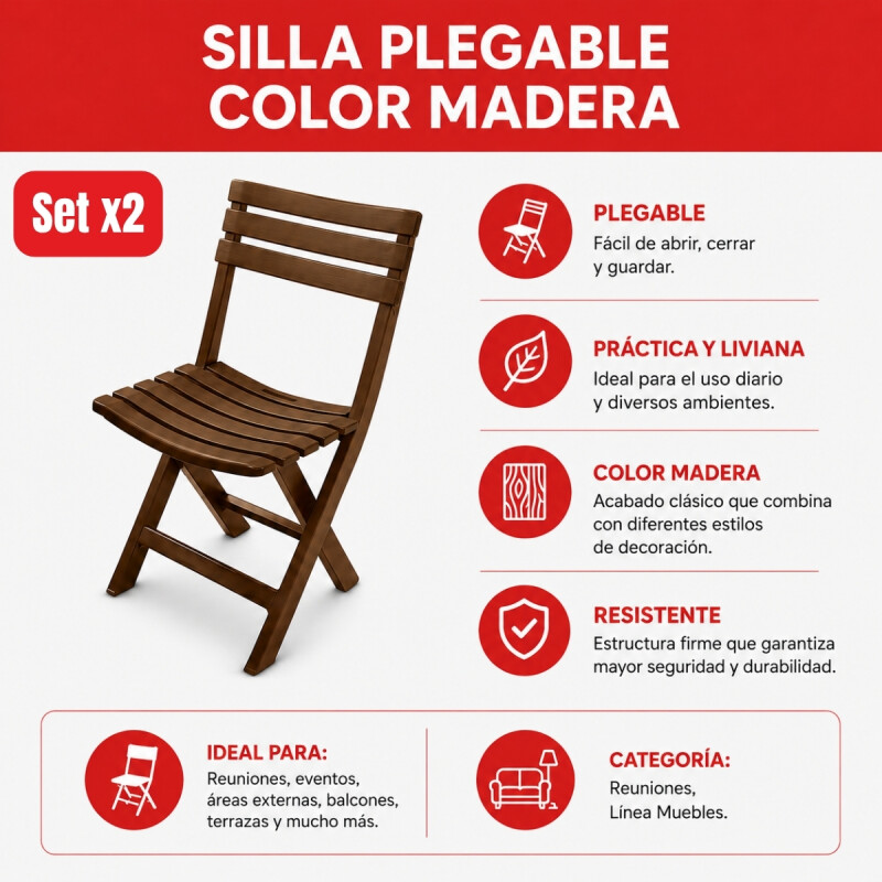Set x2 Silla Plegable Simil Madera Reforzada Plástico MARRON
