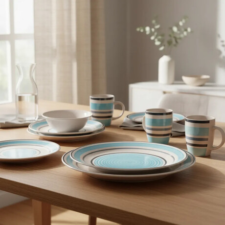 Juego Vajilla 16 Piezas Cerámica 4 Personas Diseño Moderno Azul/negro