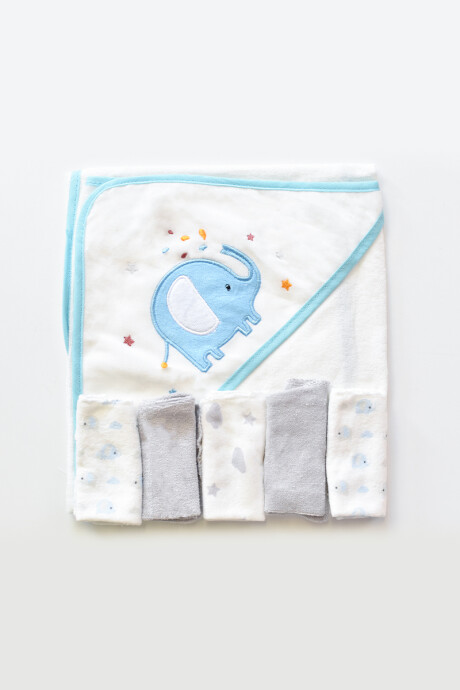 Pack x6 - Set de toalla con toallitas Azul con elefantes
