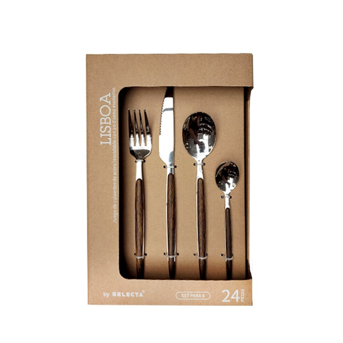 SET 24 PIEZAS CUBIERTOS MANGO MADERA "LISBOA" 