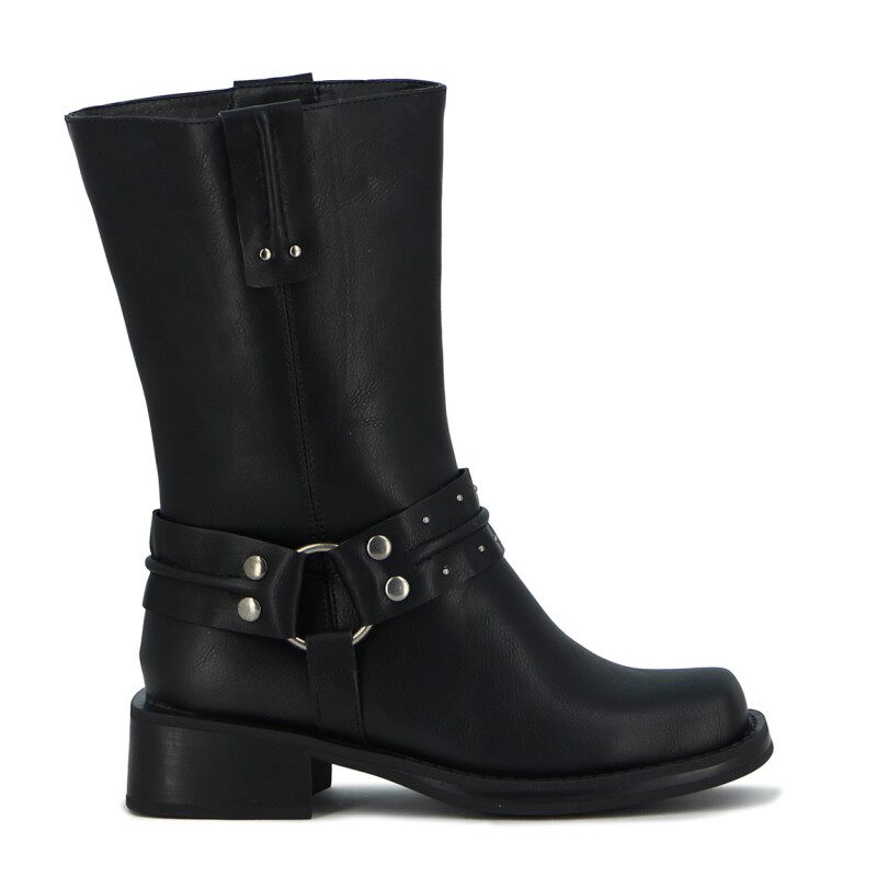 Darkness Bota Dama Caña Media Con Hebilla Y Taco Bajo Negro