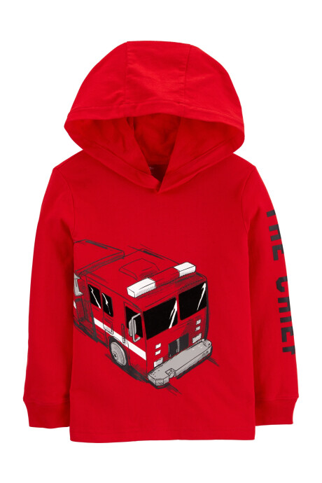 Remera de algodón, manga larga, con capucha, estampa bomberos Sin color