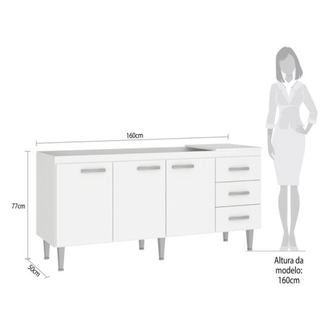 Bajo Mesada 3 Puertas 3 Cajones 160 cm de Ancho Patas Ajustables - Blanco Bajo Mesada 3 Puertas 3 Cajones 160 cm de Ancho Patas Ajustables - Blanco