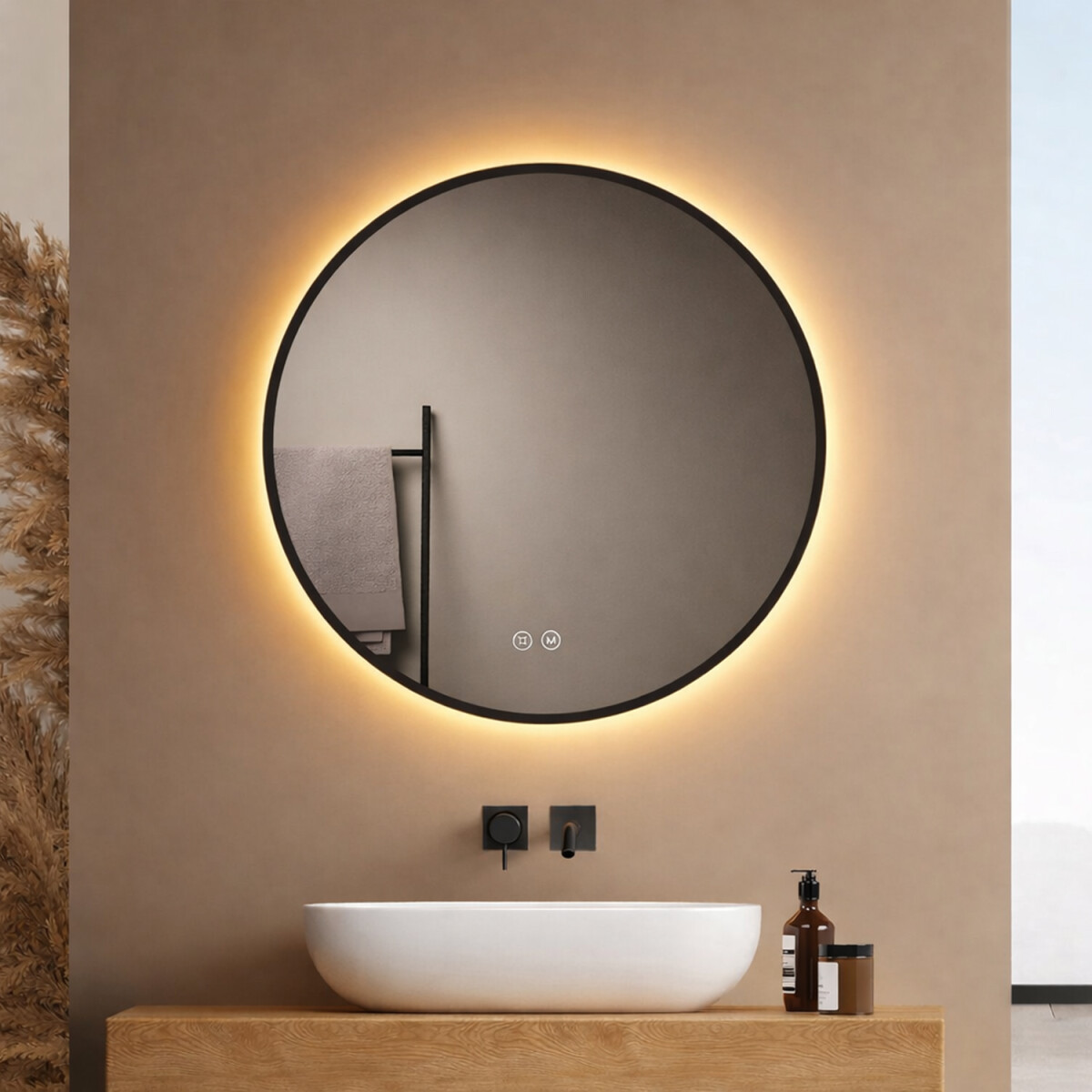 Espejo Redondo De Baño Led 60cm Función Desempañado - NEGRO 