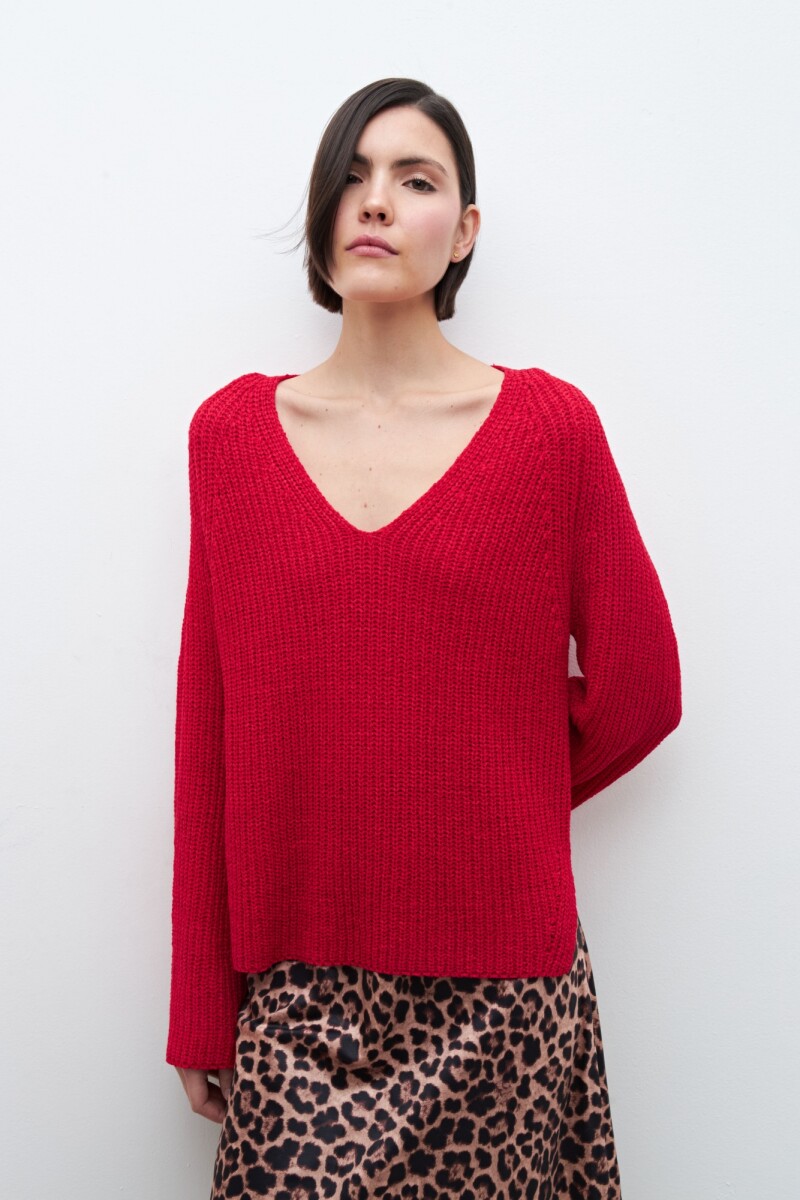 Sweater cinta escote V rojo