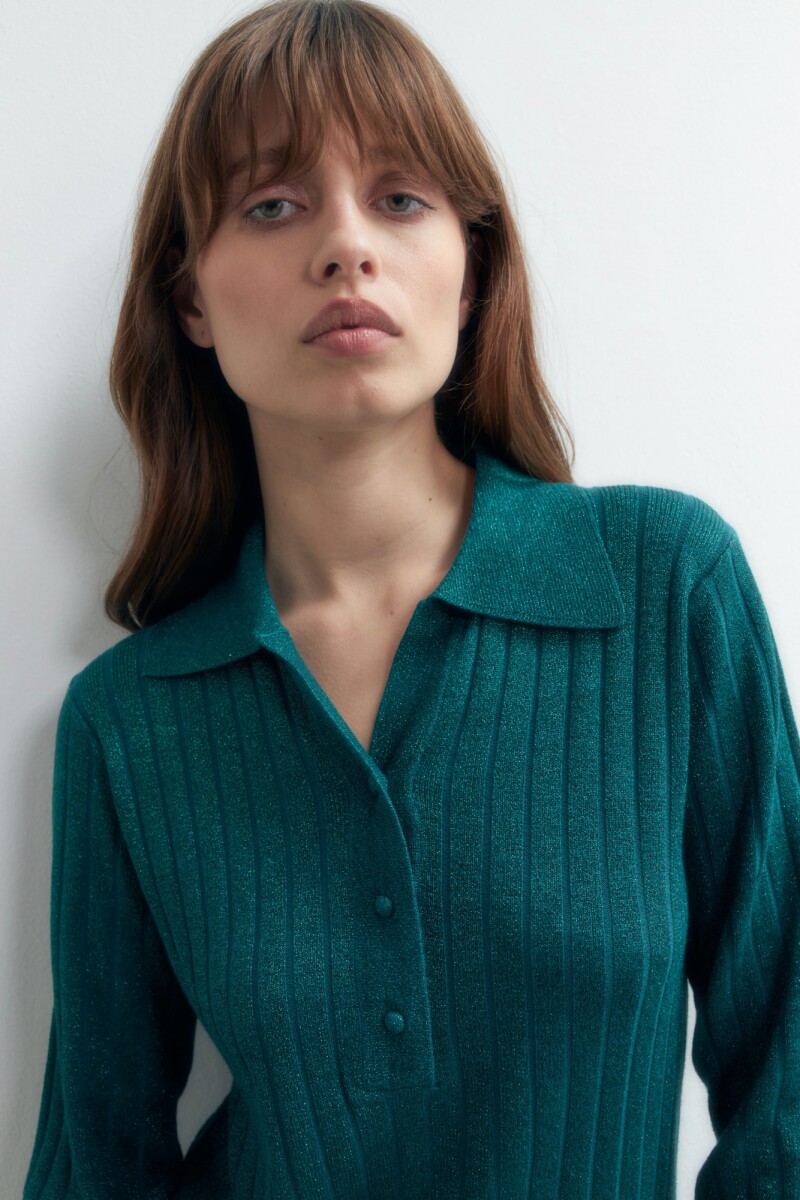 Sweater lurex cuello polo verde