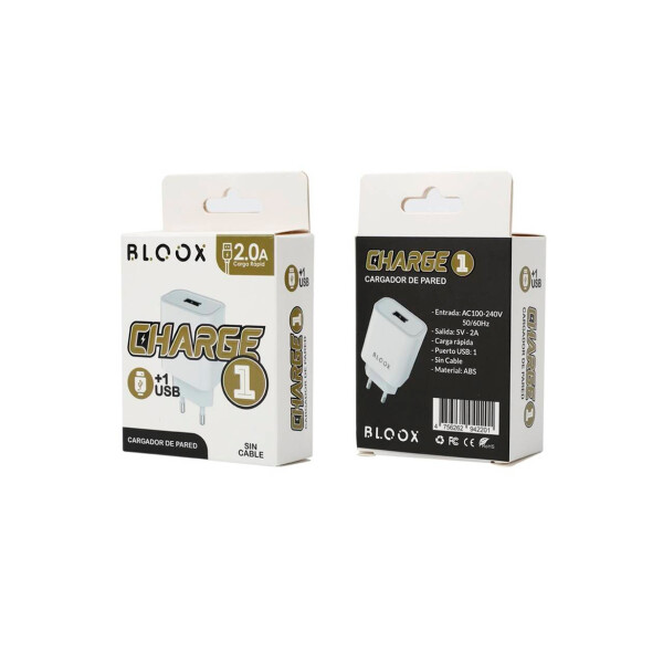 Ficha cargador con entrada USB 2A color blanco Ficha Cargador Con Entrada Usb 2a Color Blanco