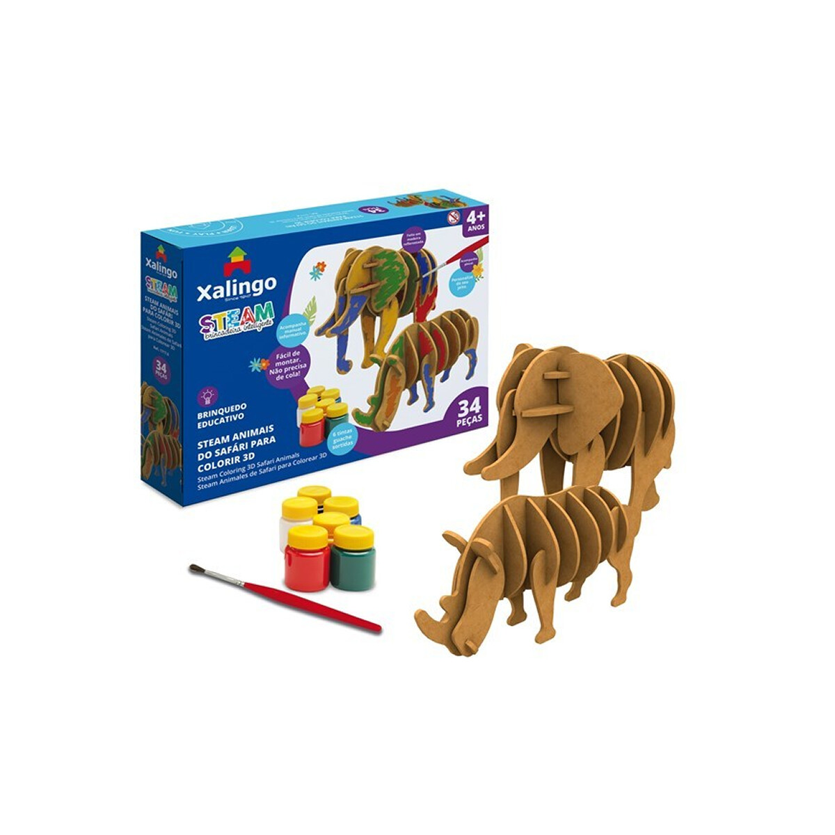 Puzzle 3D Animales Safari Con Temperas Para Colorear 