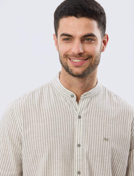 CAMISA RAYADA DE LINO CUELLO MAO Verde
