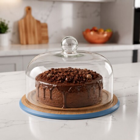 Plato Torta Bambú C/Tapa De Vidrio Alto 20cm x Ø 30cm - Celeste Plato Torta Bambú C/Tapa De Vidrio Alto 20cm x Ø 30cm - Celeste