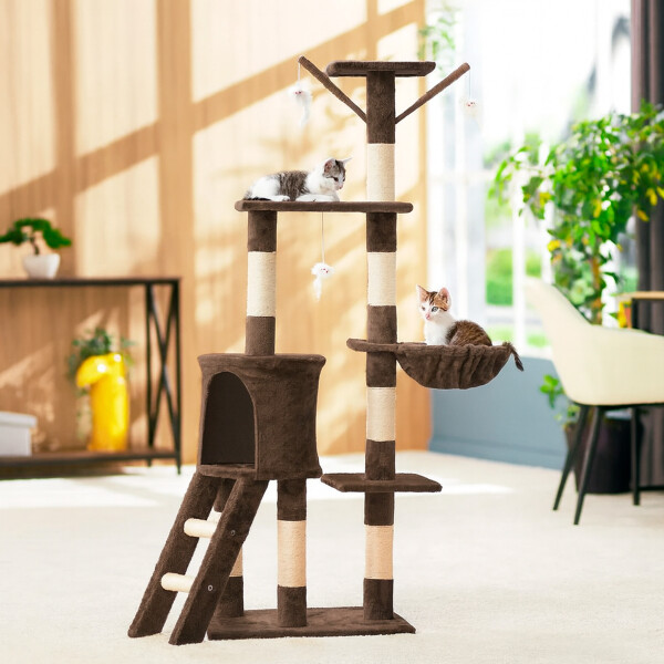 Rascador Torre 5 Niveles En Felpa Y Sisal Para Gato Juego Color Marrón