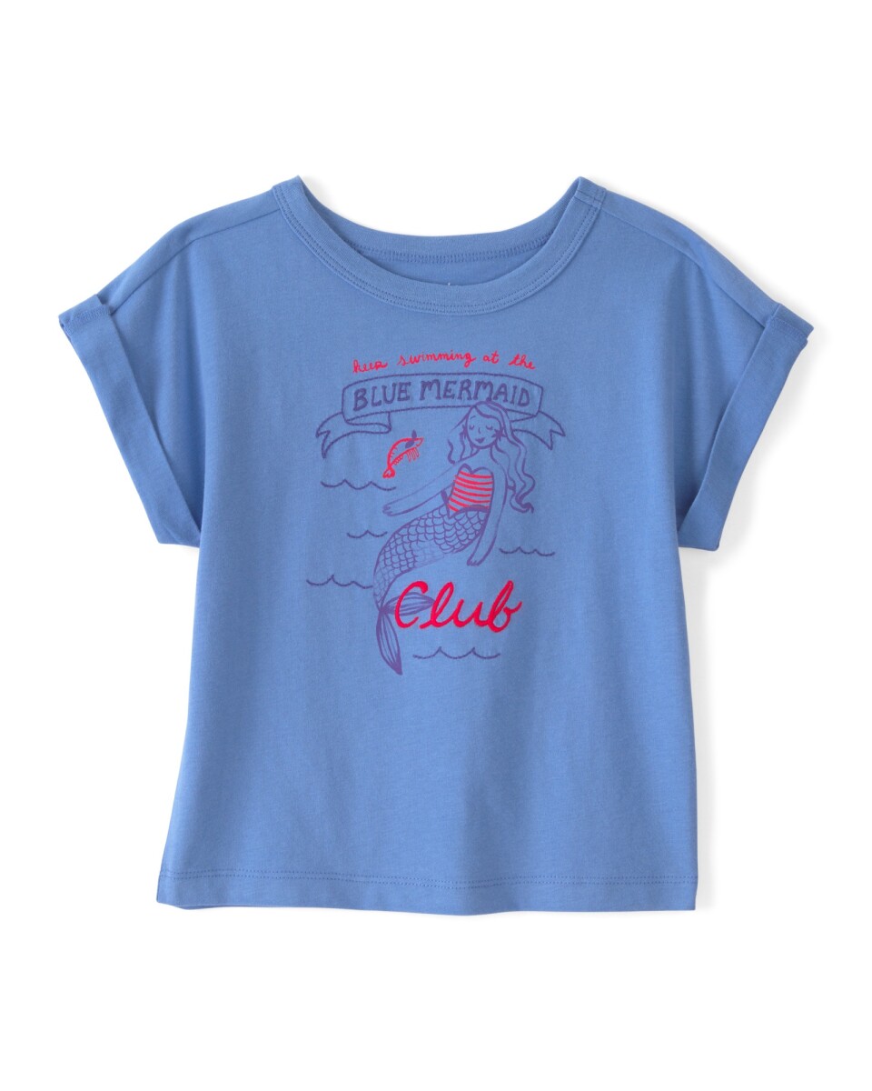 Remera de algodón, manga corta, azul, estampa sirena 