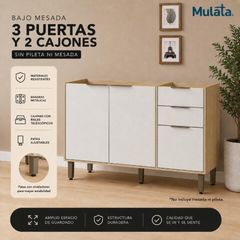 Bajo Mesada Gloria 120 cm de ancho 3 Puertas 2 Cajones Rieles Telescópicos Bajo Mesada Gloria 120 cm de ancho 3 Puertas 2 Cajones Rieles Telescópicos