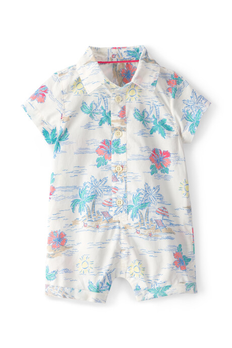 Monito corto de algodón, cuello camisero, diseño tropical Monito corto de algodón, cuello camisero, diseño tropical