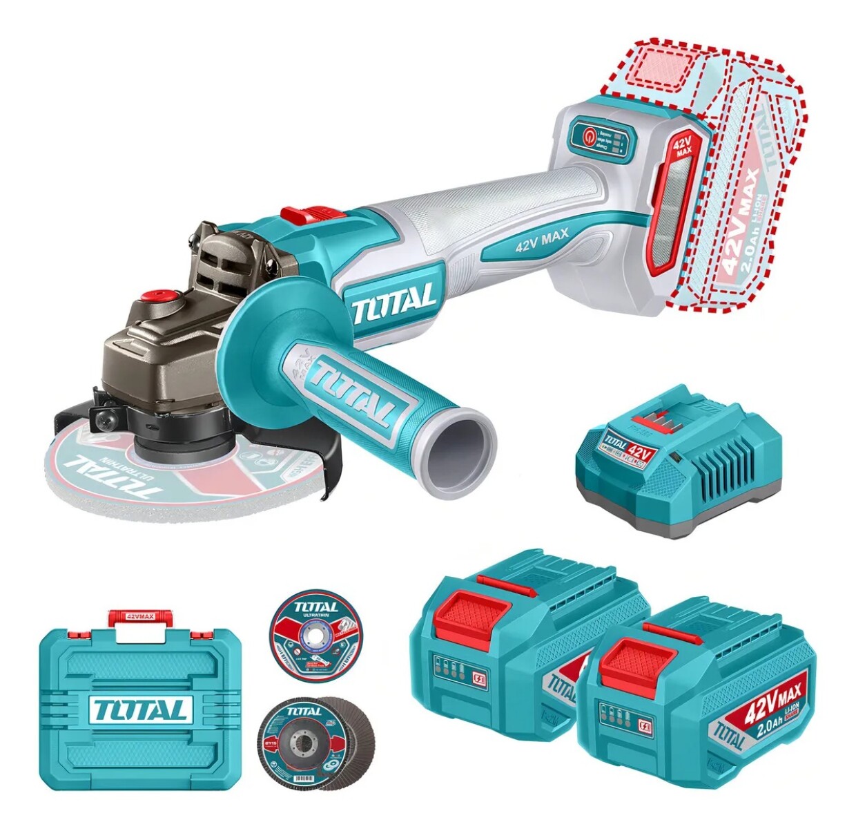 Amoladora Inalámbrica Total 42v Industrial con Maletin y Accesorios 