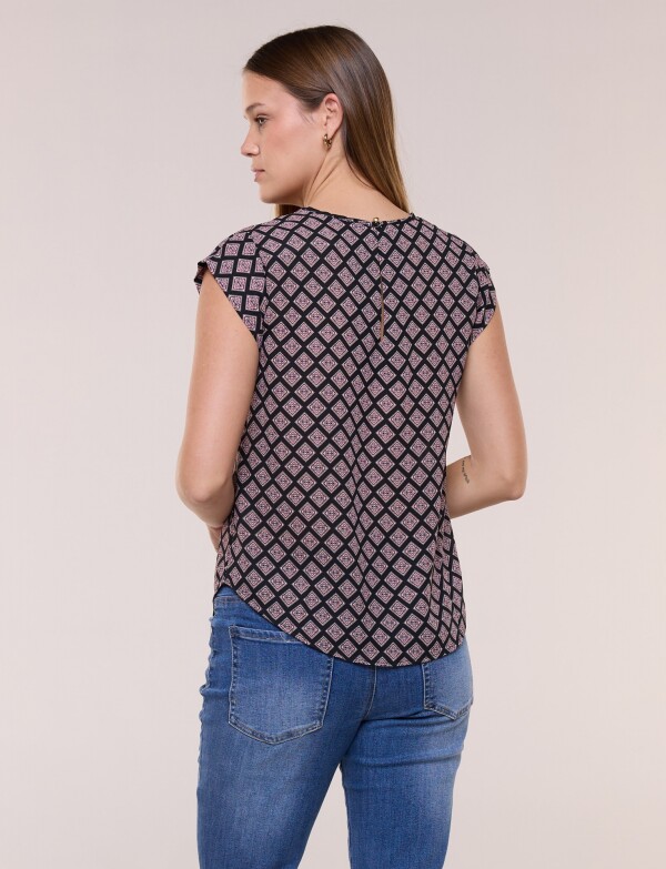Blusa De Gasa Manga Corta Con Bolsillo Frontal NEGRO/MULTI