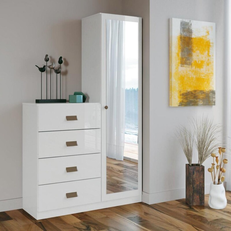 Cómoda Estilo - Style Blanca 4 Cajones y 1 Puerta con Espejo - Ideal para tu Dormitorio Cómoda Estilo - Style Blanca 4 Cajones y 1 Puerta con Espejo - Ideal para tu Dormitorio