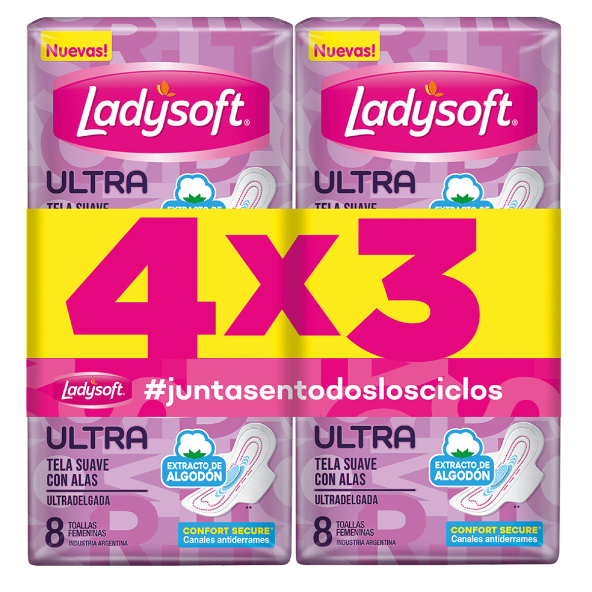 Pack 4X3 Toalla Femenina Ladysoft Ultra Delgada Tela Suave X8 