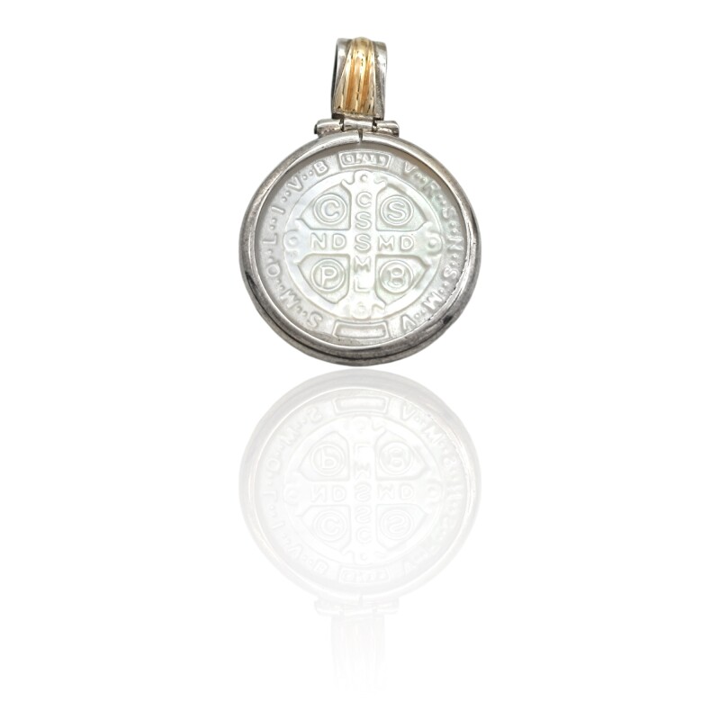 Dije Medalla San Benito- Plata 925 y oro-Con piedra Nacar-CP5203 conpiedra