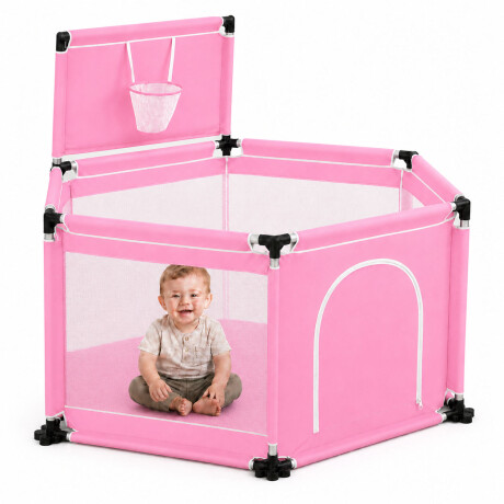Corral Bebé Plegable Con Aro Basket Pelotero Seguro Rosa