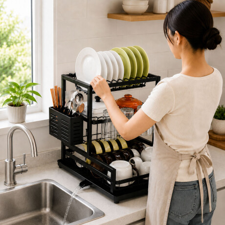 Escurridor Platos 3 Pisos Drenaje Automatico Porta Cubiertos Negro