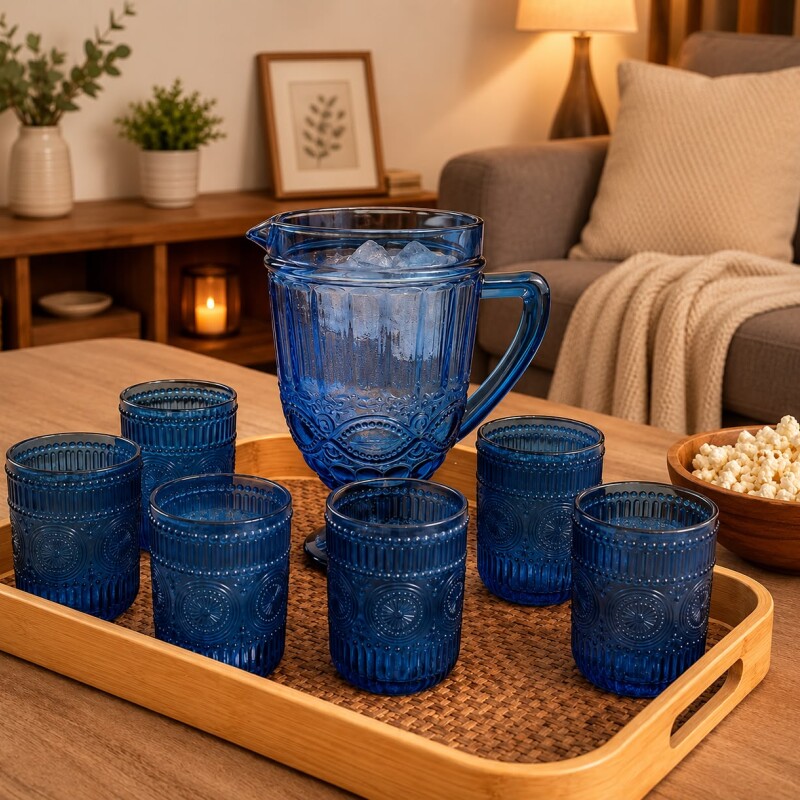 Combo ''Encuentro'' Jarra Labrada Azul, Set 6 Vasos Labrados Azul y Bandeja Rectangular Simil Rattán Grande Combo ''Encuentro'' Jarra Labrada Azul, Set 6 Vasos Labrados Azul y Bandeja Rectangular Simil Rattán Grande