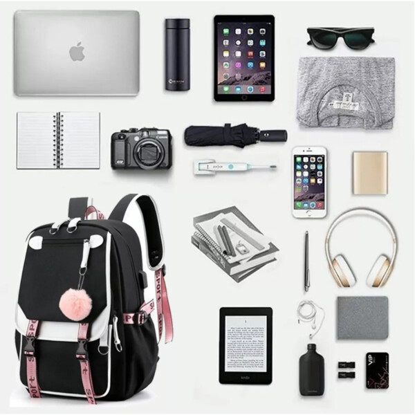 Pack x3 Mochila Kawaii Impermeable Usb Multuso Resistente Variante Color Negro