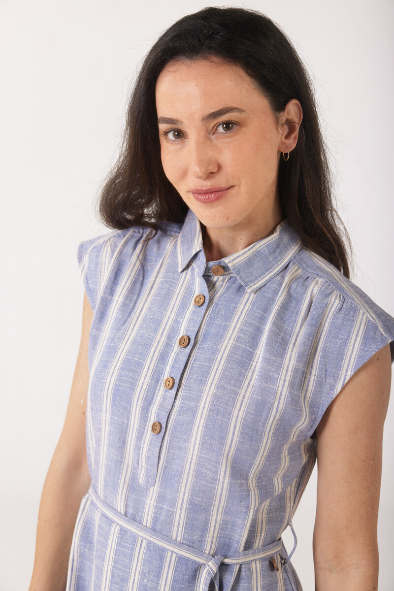 VESTIDO DE LINO A RAYAS - Celeste 