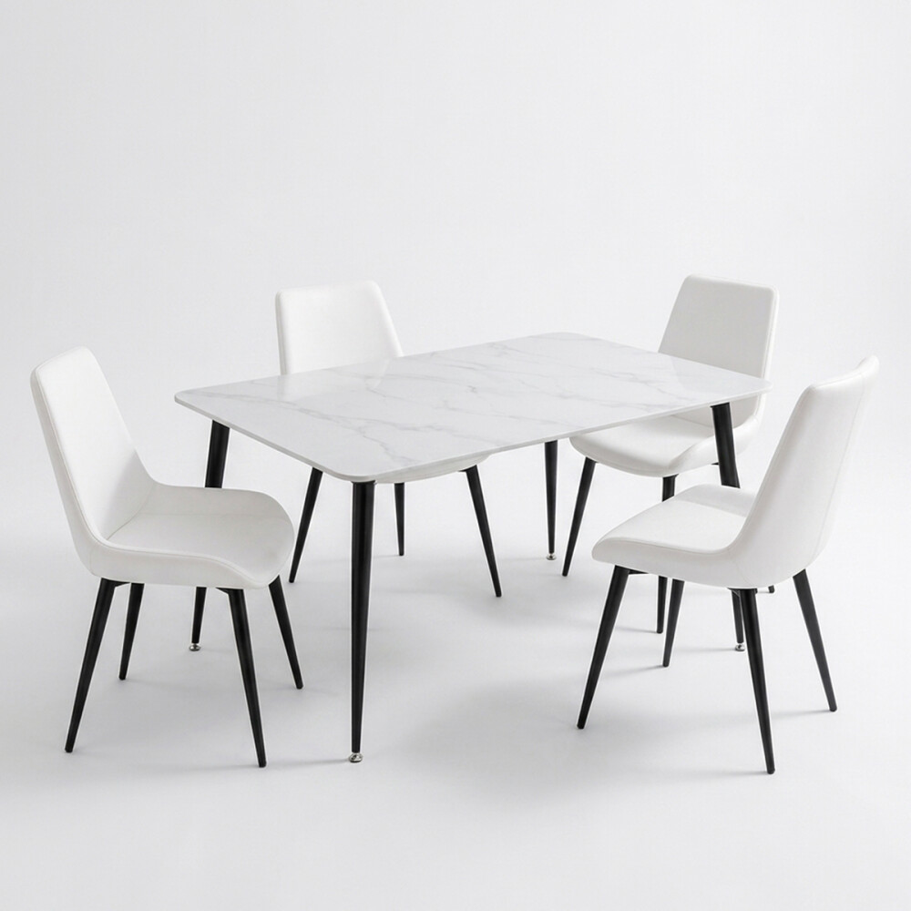 Juego De Comedor Mesa vidrio Símil Mármol + 4 Sillas Ecocuero Mesa blanca + 4 sillas blancas