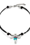 COLLAR DE CUERO Y LIBÉLULA BAÑADO EN PLATA DE LEY CON CRISTALES PLATA / BLANCO