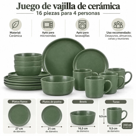 Juego Vajilla 16 Piezas Cerámica 4 Personas Diseño Moderno Verde Musgo