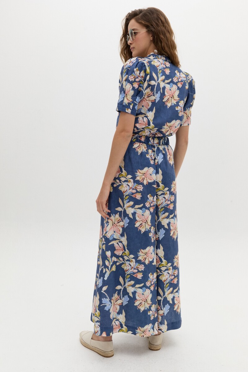 Camisa Athina en Lino Blue Poppy Print