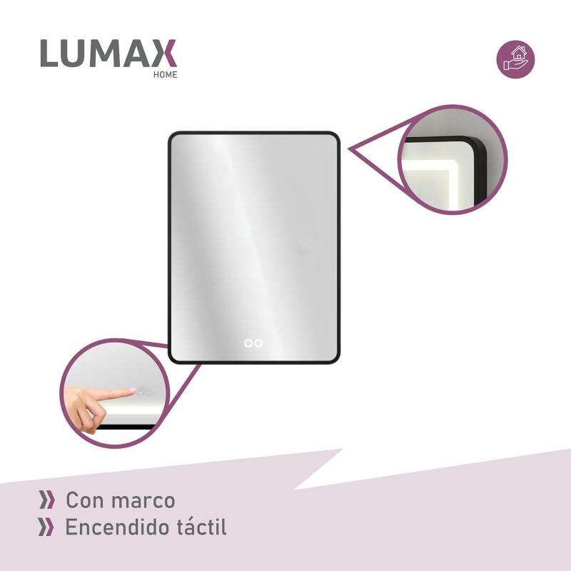 Espejo Vertical Lumax c/marco desempañador y Luz 90x70cm Negro