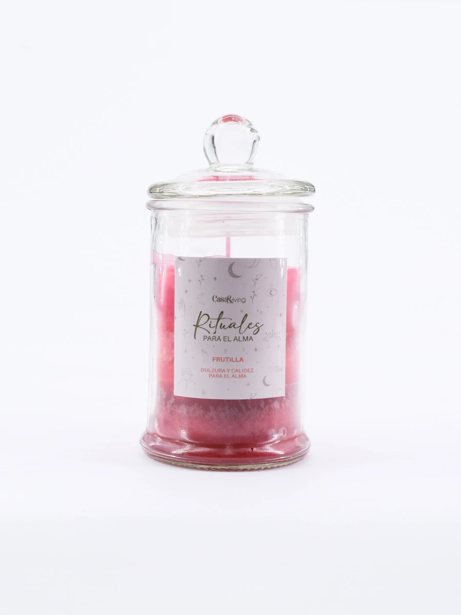 VELA FRASCO VIDRIO TAPA FRUTILLA - ROJO 