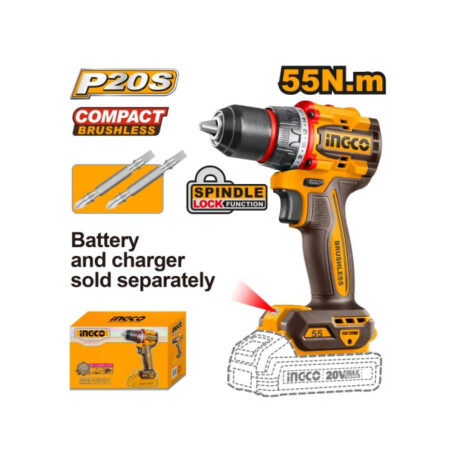 Taladro Atornillador INGCO CDLI205581 a bateria 20V P20S + 2 puntas Brushless 55NM No incluye Bateria Ni cargador