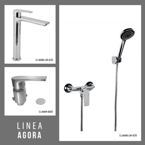 JUEGO COMPLETO DE GRIFERIA CROMADA DE BAÑO MONOCOMANDO. INCLUYE DUCHA EXTERNA, LAVATORIO Y BIDET. AGORA CLEVER 000