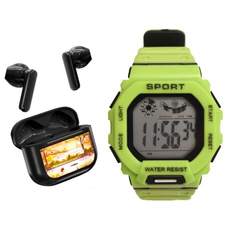Set Reloj Deportivo Hombre + Auricular YX28 Inalámbrico BT Verde Manzana