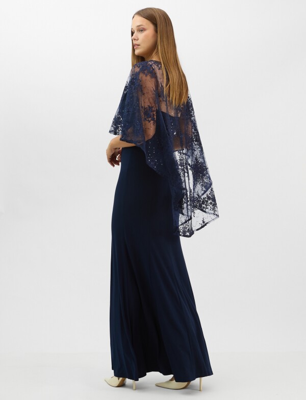 Vestido Maxi Con Capa Bordada AZUL