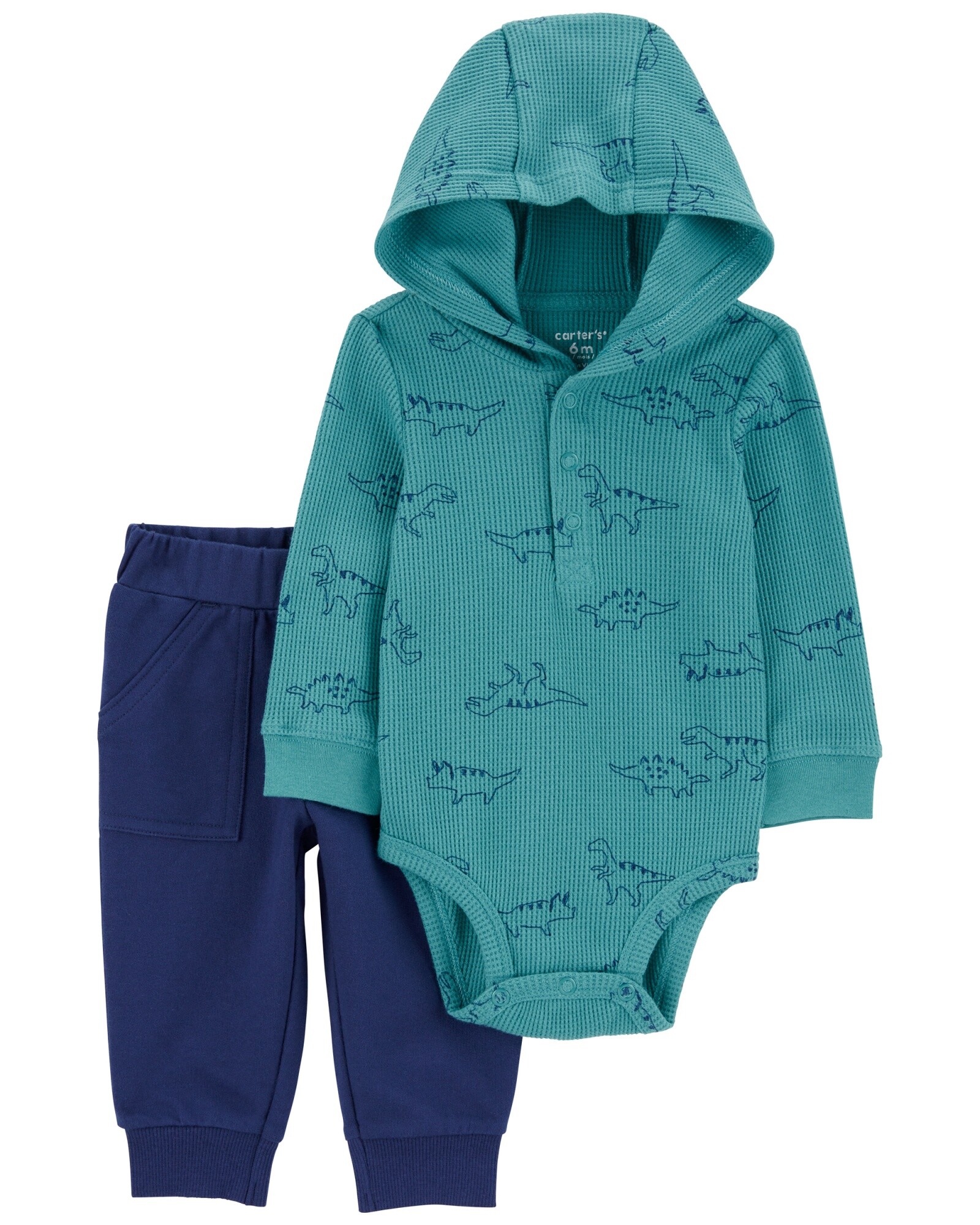 Set dos piezas de algodón, pantalón y body térmico con capucha, diseño dinos Sin color