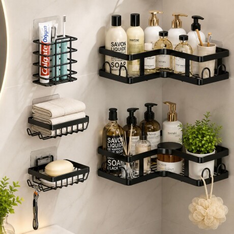 Set de 5 Estantes Organizadores Metálicos Multiuso con Ventosas Set de 5 Estantes Organizadores Metálicos Multiuso con Ventosas
