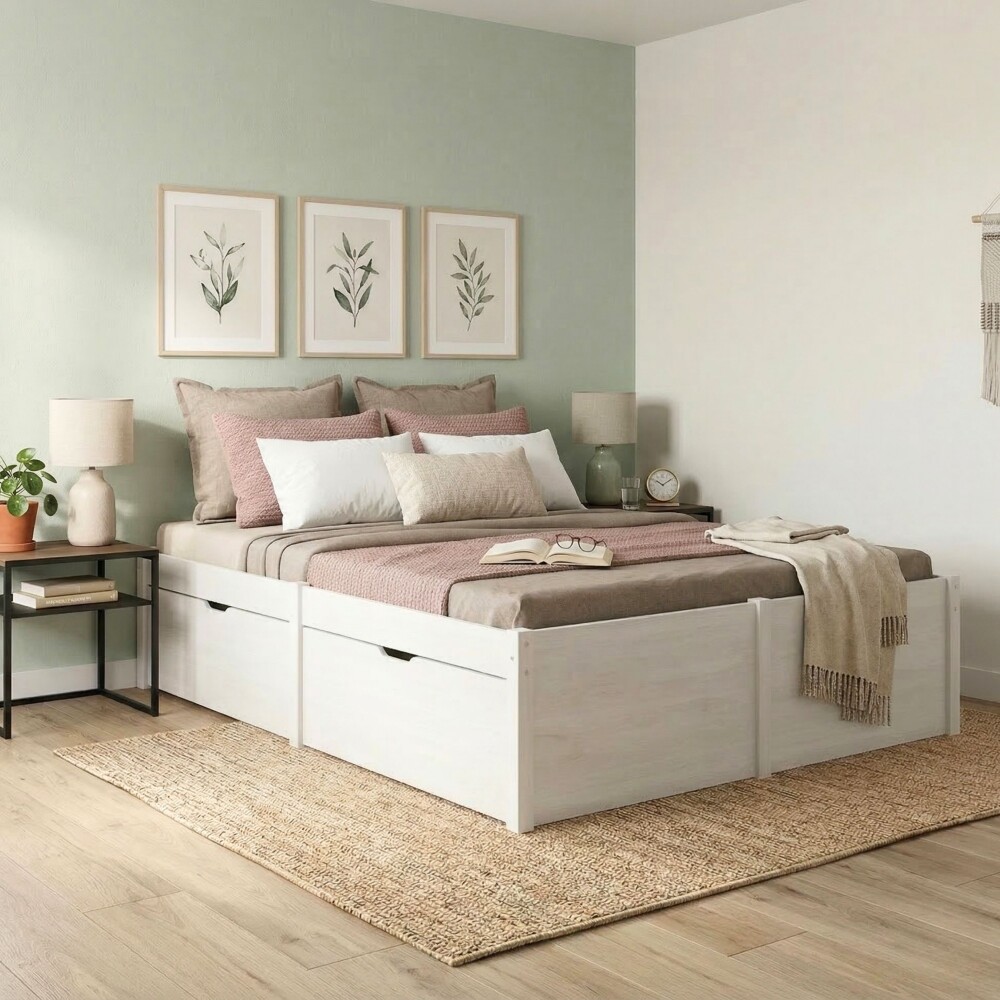 Cama Madera Maciza Con Cajones - 2 plazas - Linea Beauty / Funcional Blanco