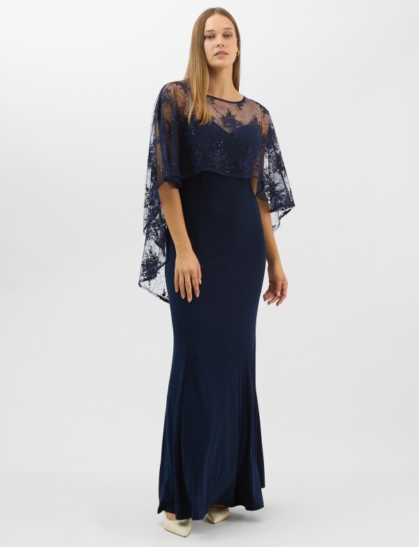 Vestido Maxi Con Capa Bordada AZUL