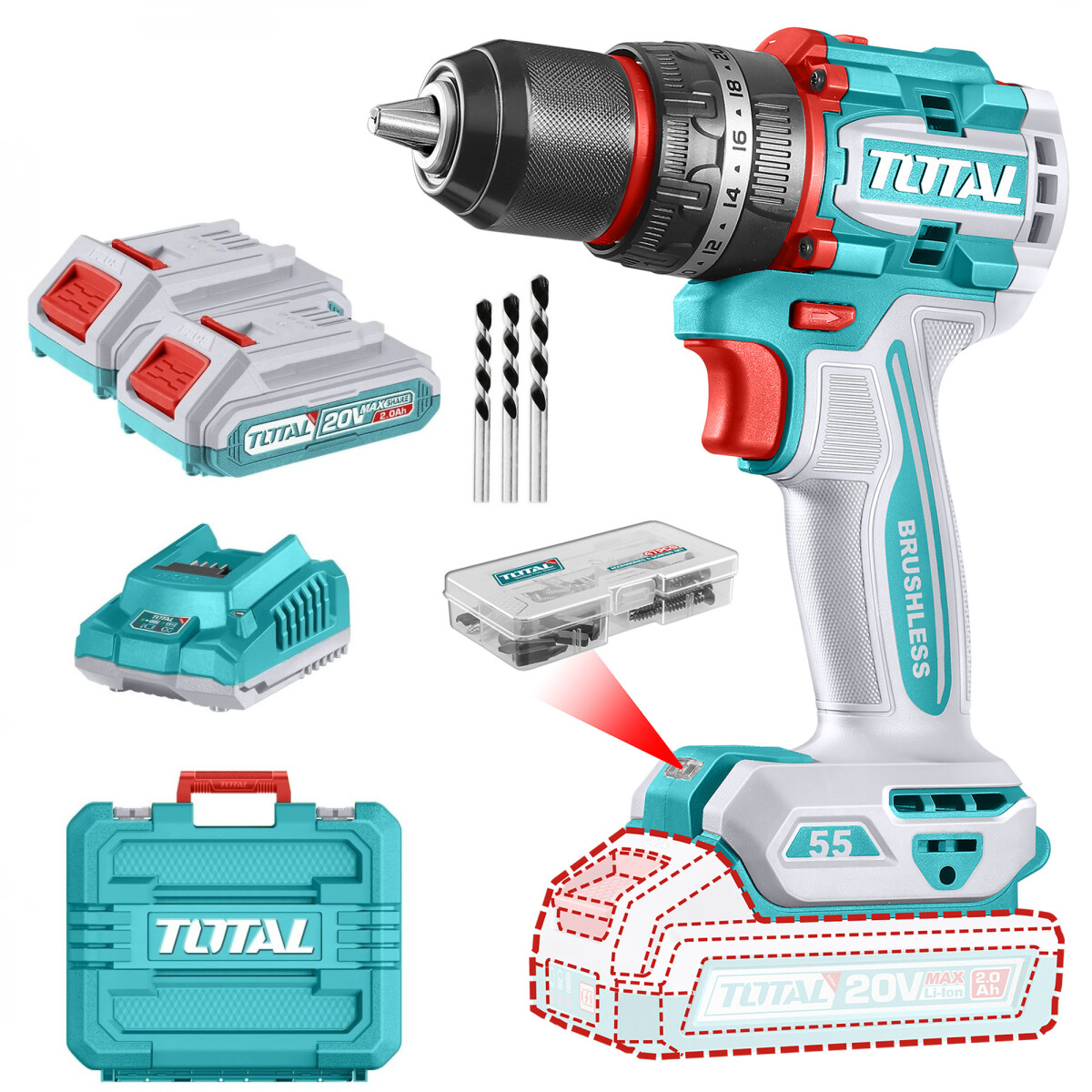 Taladro Percutor Y Atornillador Inalámbrico 20v 55Nm - Doble Batería, Cargador Y Maletín - Sin Carbones 